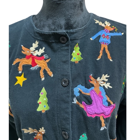 Michael Simon Lite Black Reindeer Tacky Christmas Button Cardigan Sweater Medium - Picture 5 of 7